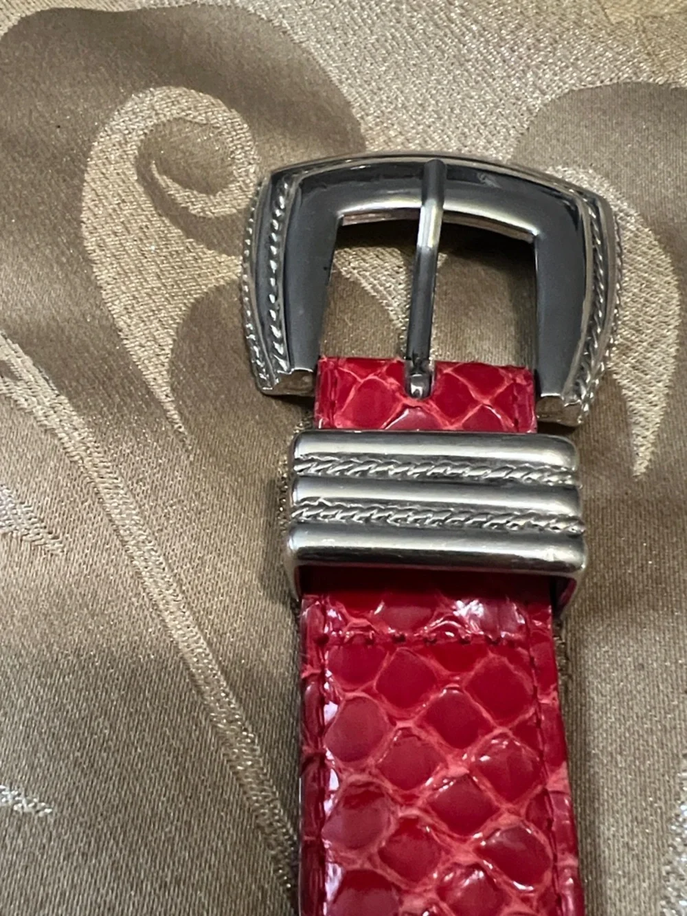 Vintage Calderon Red Embossed Snakeskin Leather Belt-Buckle Women’s Small 26-30